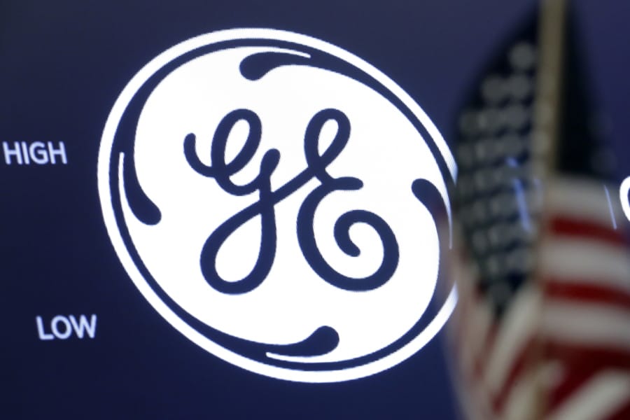 FILE - In this June 26, 2018, file photo the General Electric logo appears above a trading post on the floor of the New York Stock Exchange. General Electric’s stock is tanking after a report which claims the company has been misleading investors. Investigator Harry Markopolos accused GE Thursday, Aug. 15, of engaging in accounting fraud worth $38 billion. He said GE is heading for bankruptcy and is hiding $29 billion in long-term care losses.