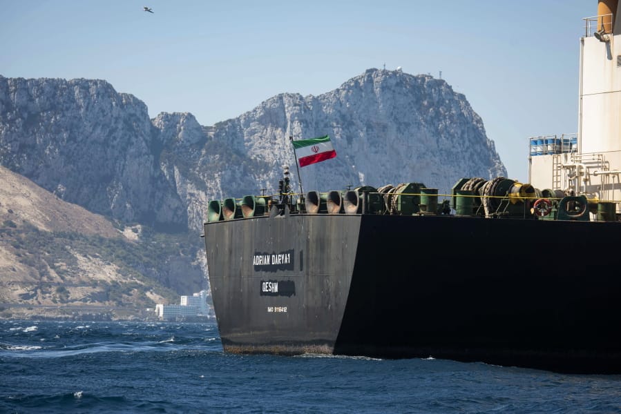 Renamed Adrian Aryra 1 super tanker hosting an Iranian flag sails in the waters in the British territory of Gibraltar on Sunday.