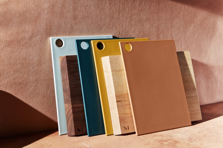 Material’s reBoard cutting boards are made of recycled plastic and renewable sugar cane. The warm palette includes a range of earth tones, including a terracotta-hued coral.