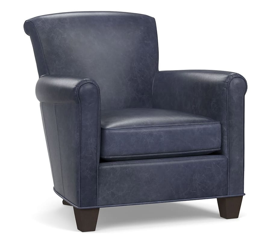 Pottery Barn’s Irving roll arm leather armchair looks modern in on-trend indigo blue leather.