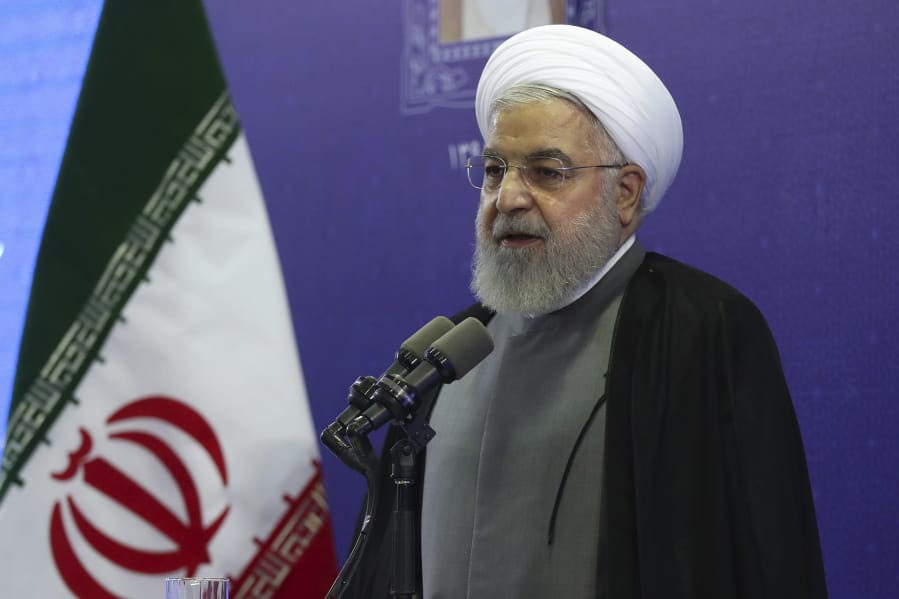 In this photo released by the official website of the office of the Iranian Presidency, President Hassan Rouhani speaks in the inauguration ceremony of a power plant in northwestern Iran, Thursday, Aug. 1, 2019. Rouhani said U.S. financial sanctions on Iran's foreign minister are "childish" and a barrier to diplomacy.