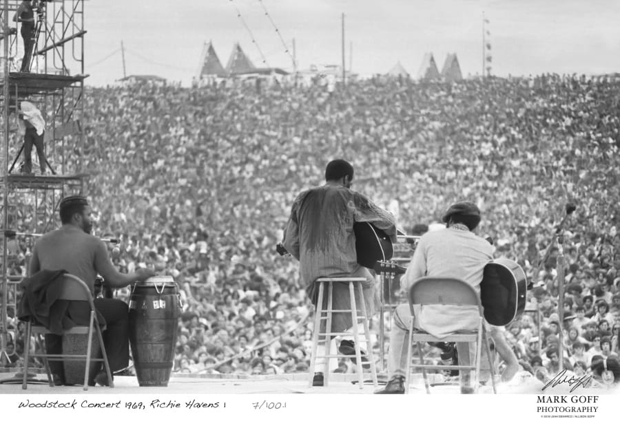 This August, 1969 photo shows Richie Havens as he performs during Woodstock in Bethel, N.Y. The photo is only one of hundreds made by photographer Mark Goff who, at the time, worked for an underground newspaper in Milwaukee, Wis. Some were published, but the negatives were filed away at his Milwaukee home and barely mentioned as Goff raised two daughters, changed careers and, last November, died of cancer. Dozens of Goff’s Woodstock shots are being displayed 50 years later.