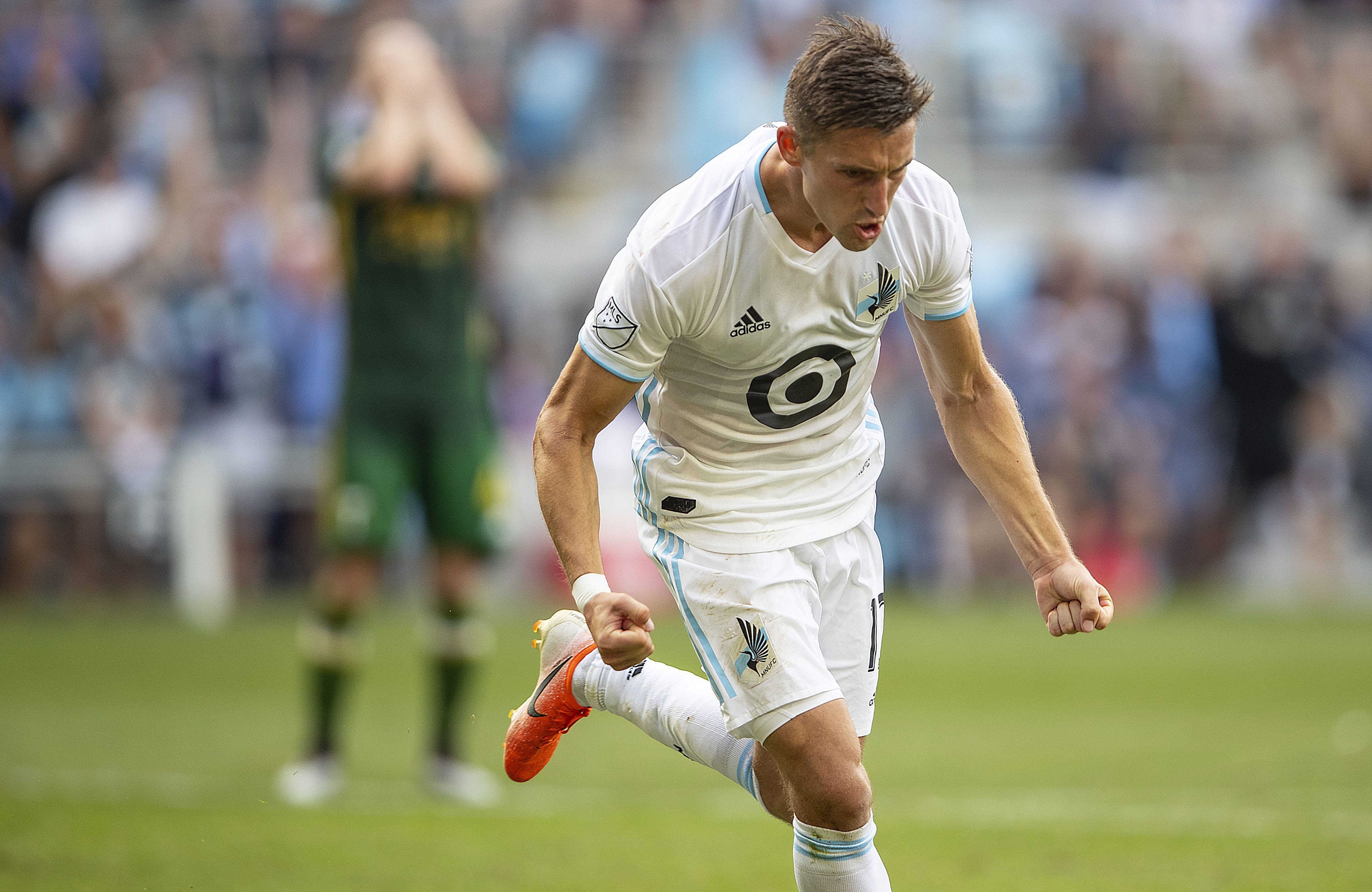 Minnesota United midfielder Ethan Finlay reacts after hitting an MLS soccer match's only goal on a penalty kick during an MLS soccer match against the Portland Timbers, Sunday, Aug. 4, 2019, in St. Paul, Minn.