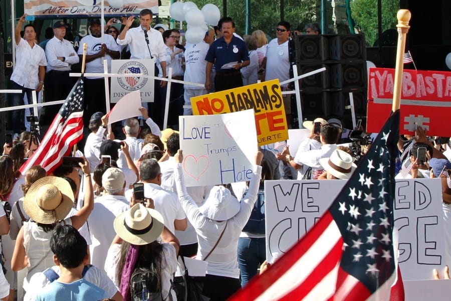 Democratic presidential candidate and former Texas Rep. Beto O’Rourke speaks at the League of United Latin American Citizens’ “March For a United America,” in El Paso, Texas, on Saturday, Aug. 10, 2019. More than 100 people marched through the Texas border denouncing racism and calling for stronger gun laws one week after several people were killed in a mass shooting that authorities say was carried out by a man targeting Mexicans.