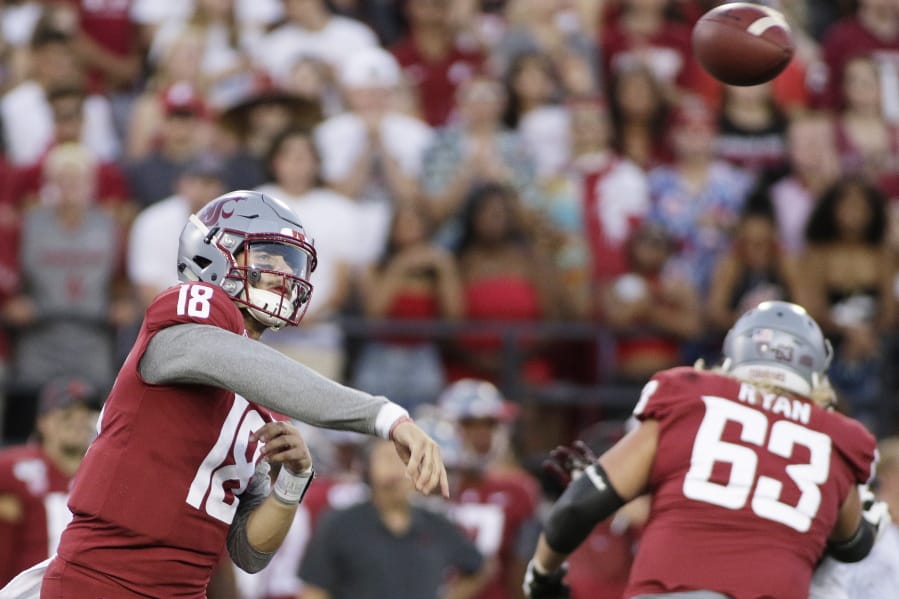 Washington State quarterback Anthony Gordon (18) throws a pass during the first half of the team’s NCAA college football game against New Mexico State in Pullman, Wash., Saturday, Aug. 31, 2019.