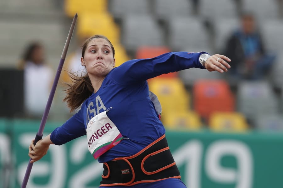Kara Winger of the United States competes to win the gold medal in the women's javelin throw during the athletics at the Pan American Games in Lima, Peru, Friday, Aug. 9, 2019.