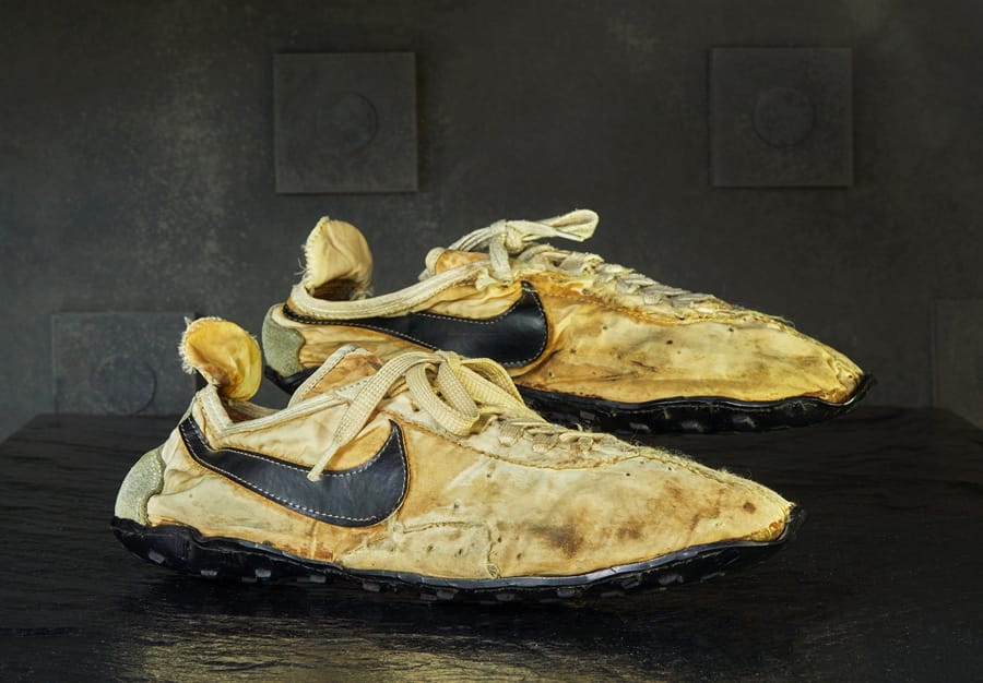 A pair of handmade Nike track shoes from the 1972 Olympic trials. The pair of Nike track shoes has sold for $50,000.