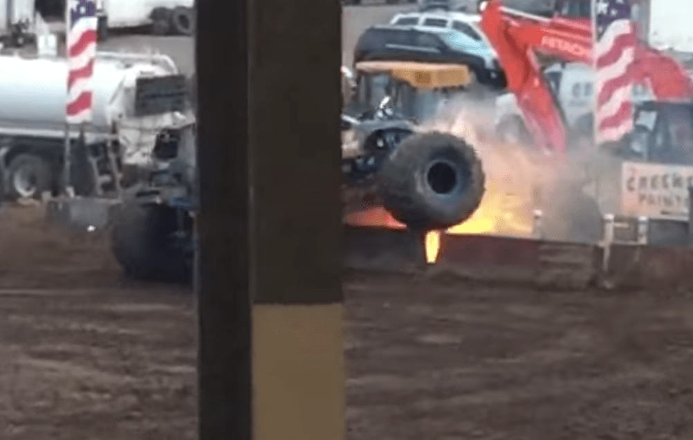 An out-of-control monster truck crashed into a piece of electrical equipment Sunday at the Clark County Fair, causing a small fire.