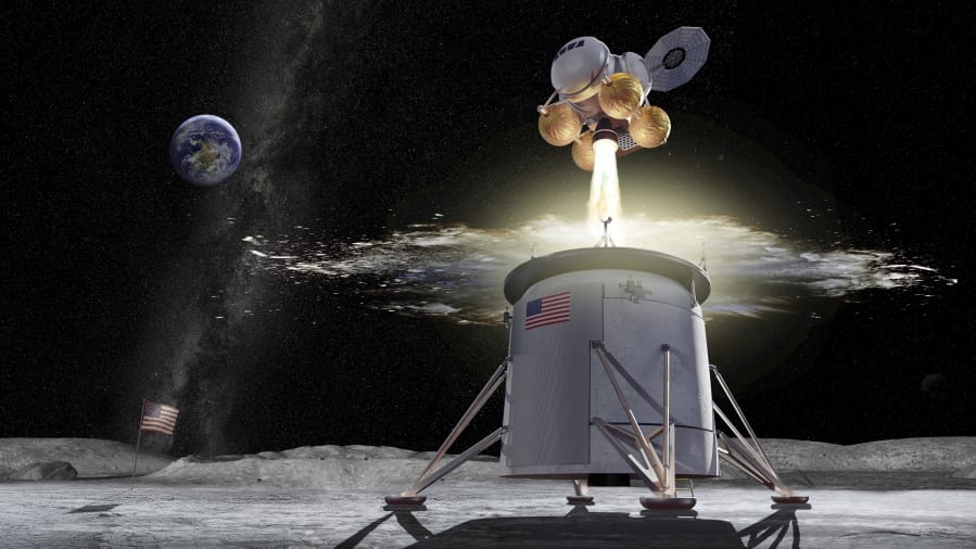 This illustration provided by NASA on Friday, Aug. 16, 2019, shows a proposed design for an Artemis program ascent vehicle leaving the surface of the moon, separating from a descent vehicle. On Friday, Aug. 16, 2019, NASA picked its Marshall Space Flight Center in Huntsville, Ala., to lead development of a lunar lander to carry astronauts back to the moon.