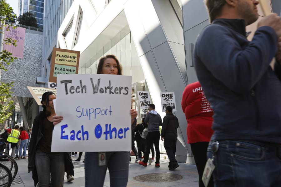 Tech workers march July 16 to support Facebook’s cafeteria workers, who were rallying for a new contract with their company Flaghship in San Francisco. Tech workers are speaking out on issues of immigration, the environment, sexual misconduct and military warfare like never before. Google, Amazon and Microsoft employees protest against how their work is used by the government. Through petitions and collective actions, others push for better internal policies, greener practices and better work conditions for contractors.