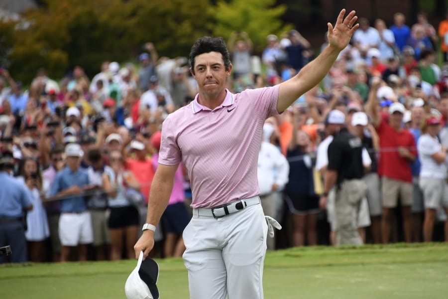 Rory McIlroy waves to the gallery after winning the Tour Championship golf tournament and The FedEx Cup Sunday, Aug. 25, 2019, at East Lake Golf Club in Atlanta.