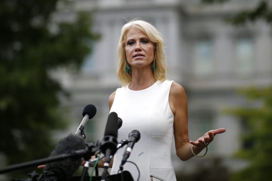 Counselor to the President Kellyanne Conway speaks with reporters outside the White House, Wednesday, Aug. 21, 2019, in Washington. Mindful of his lingering gap with women voters, President Trump’s re-election campaign has female surrogates fanning out across the country in an effort to identify supporters who can help change minds. They’ll be leading volunteer training sessions in 13 battleground states, including Florida, North Carolina, Michigan, Pennsylvania, Georgia and Ohio. It’s a recognition of the president’s persistent deficit with women that could be made worse by an economic slowdown.