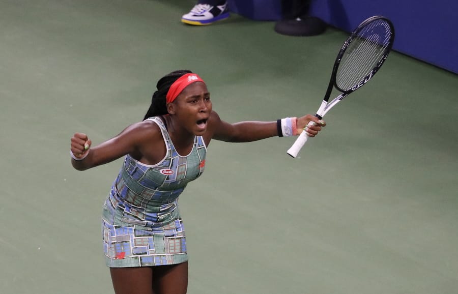 Coco Gauff, of the United States, reacts after defeating Anastasia Potapova, of Russia, during the first round of the US Open tennis tournament Tuesday, Aug. 27, 2019, in New York.