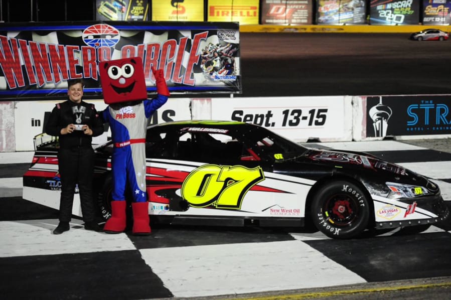 Jadan Walbridge of Vancouver stands in the winner’s circle after a NASCAR Junior Late Model race this summer in Las Vegas.