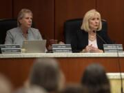 Clark County Councilor Julie Olson and Council Chair Eileen Quiring O'Brien during a county council meeting in late 2019.