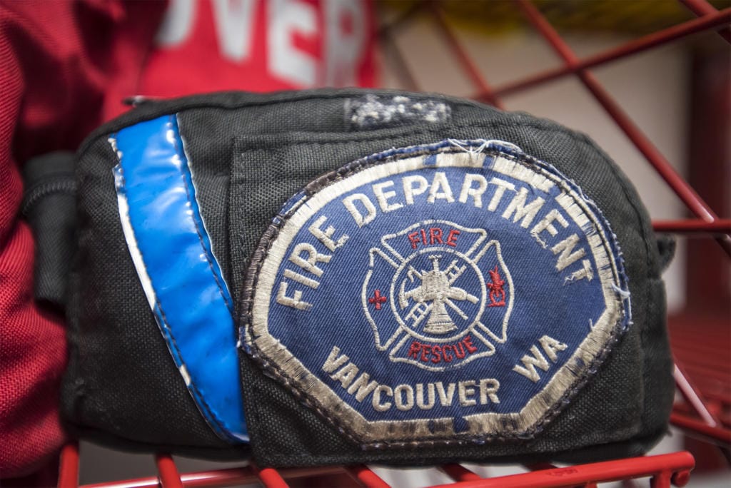 A Vancouver Fire Department patch is seen in the gear room of Fire Station 2.