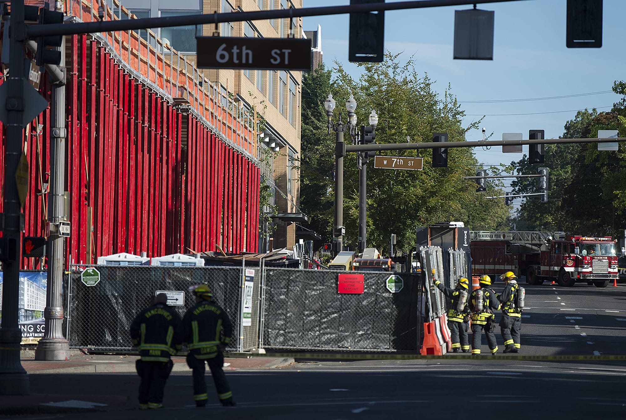 Firefighters respond to the construction site for the fourth tower in the Vancouvercenter complex after reports of a gas leak lead to evacuations of nearby apartments and businesses Thursday morning, Sept. 12, 2019.
