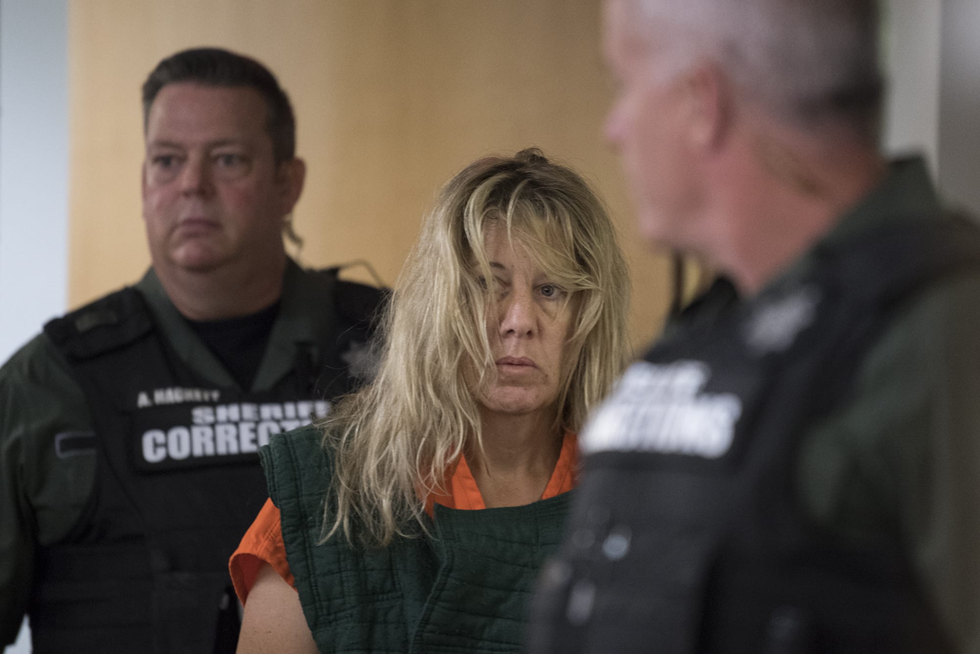 Stephanie "Sam" Westby makes a first appearance Tuesday morning in Clark County Superior Court on suspicion of first-degree domestic violence murder in the slaying of her husband, 51-year-old Joseph Westby.