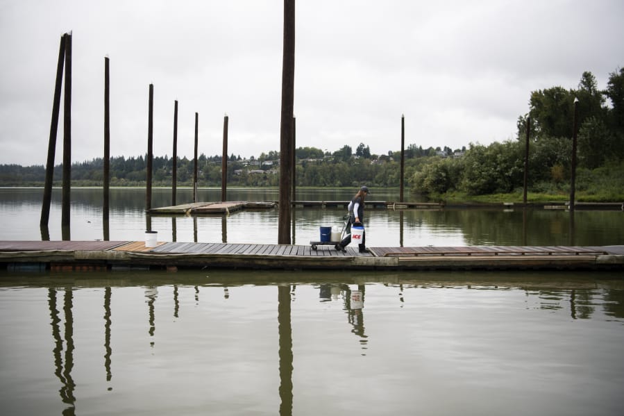 Washington State University Vancouver graduate student Katie Sweeney leaves the docks at the Vancouver Lake Sailing Club after collecting water samples.