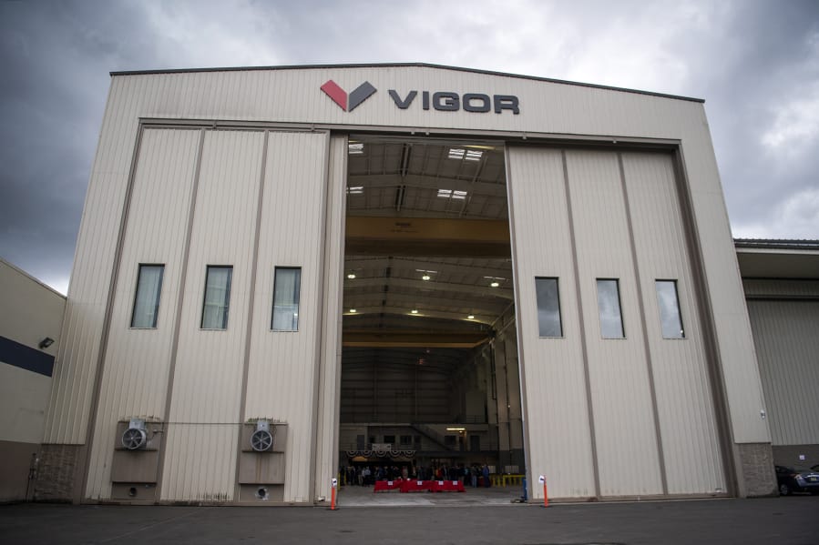 Dignitaries and community members gather for a keel-laying ceremony Monday to celebrate the Army's next generation of landing craft at the new Vigor facilities in Vancouver.