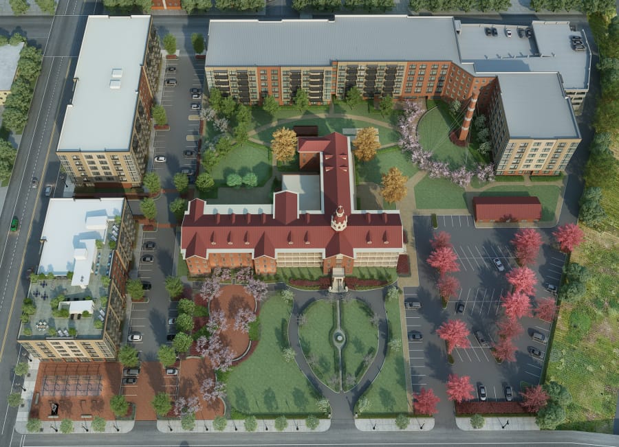 A concept rendering shows an overhead view of the entire Providence Academy campus with both phases of the Aegis project in place.