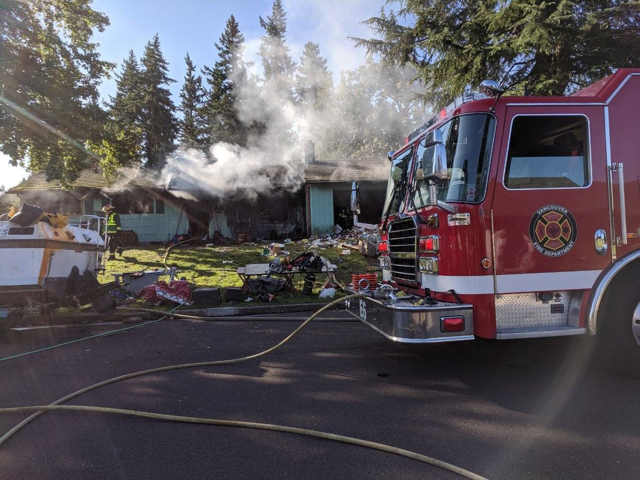 Vancouver firefighters responded at 9:37 a.m. to 12817 N.E. 14th St., for a report of a residential fire. Firefighters could see a column of smoke while they were en route, according to the Vancouver Fire Department. A resident suffered non life-threatening injuries but declined to be taken to a hospital.
