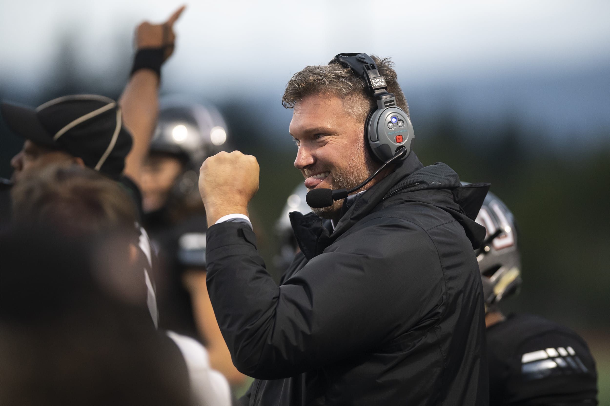 Union Head Coach Rory Rosenbach celebrates an interception that turned the tide of the 4th carter against Chiawana at McKenzie Stadium on Friday night, Sept 27, 2019.