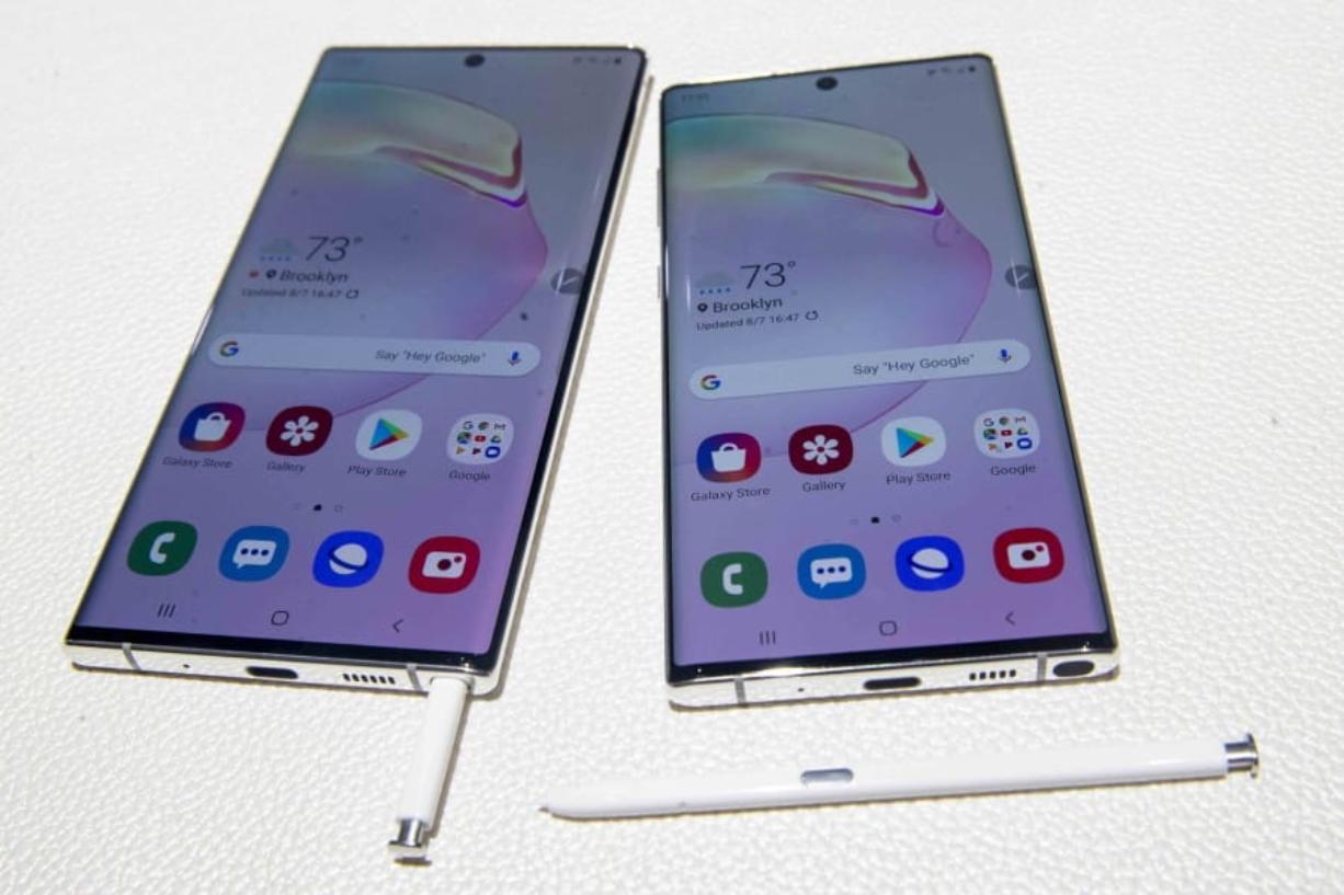 FILE - This Aug. 7, 2019 file photo shows the Samsung Galaxy Note 10, right, and the Galaxy Note 10 Plus on display during a launch event in New York. If you&#039;re among the &quot;early adopters&quot; who need to be first on the block for every technological advancement, you&#039;ll need a 5G phone with Android. Samsung, Motorola, LG and OnePlus are among the companies that already have 5G models using Google&#039;s operating system. Apple isn&#039;t expected to release a 5G iPhone until next year.