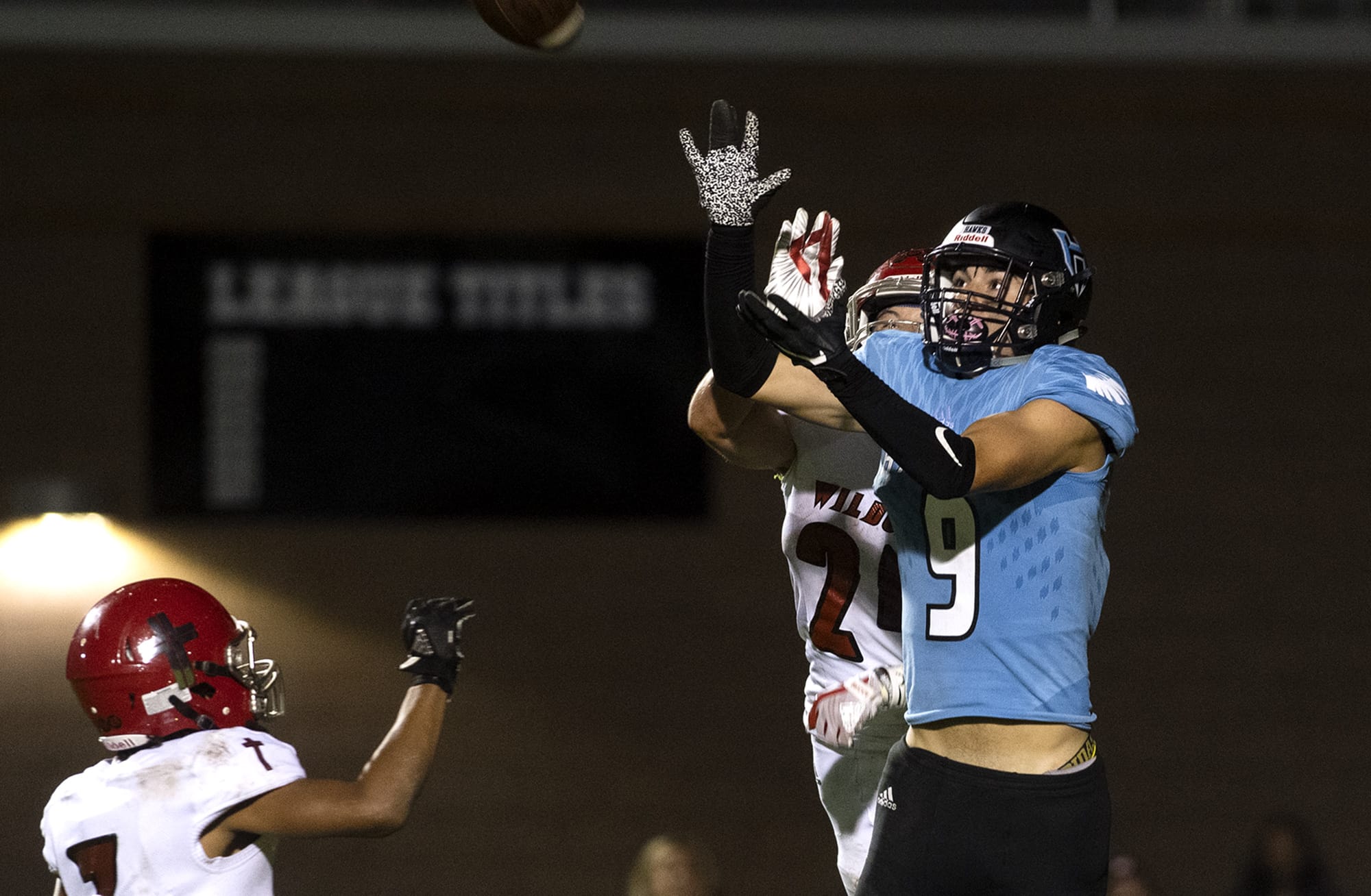 HockinsonÕs Peyton Brammer (9) catches a pass from Levi Crum to score the HawkÕs third touchdown of the night during Friday nightÕs game in Hockinson on Sept. 13, 2019. The HawkÕs lost 21-27.