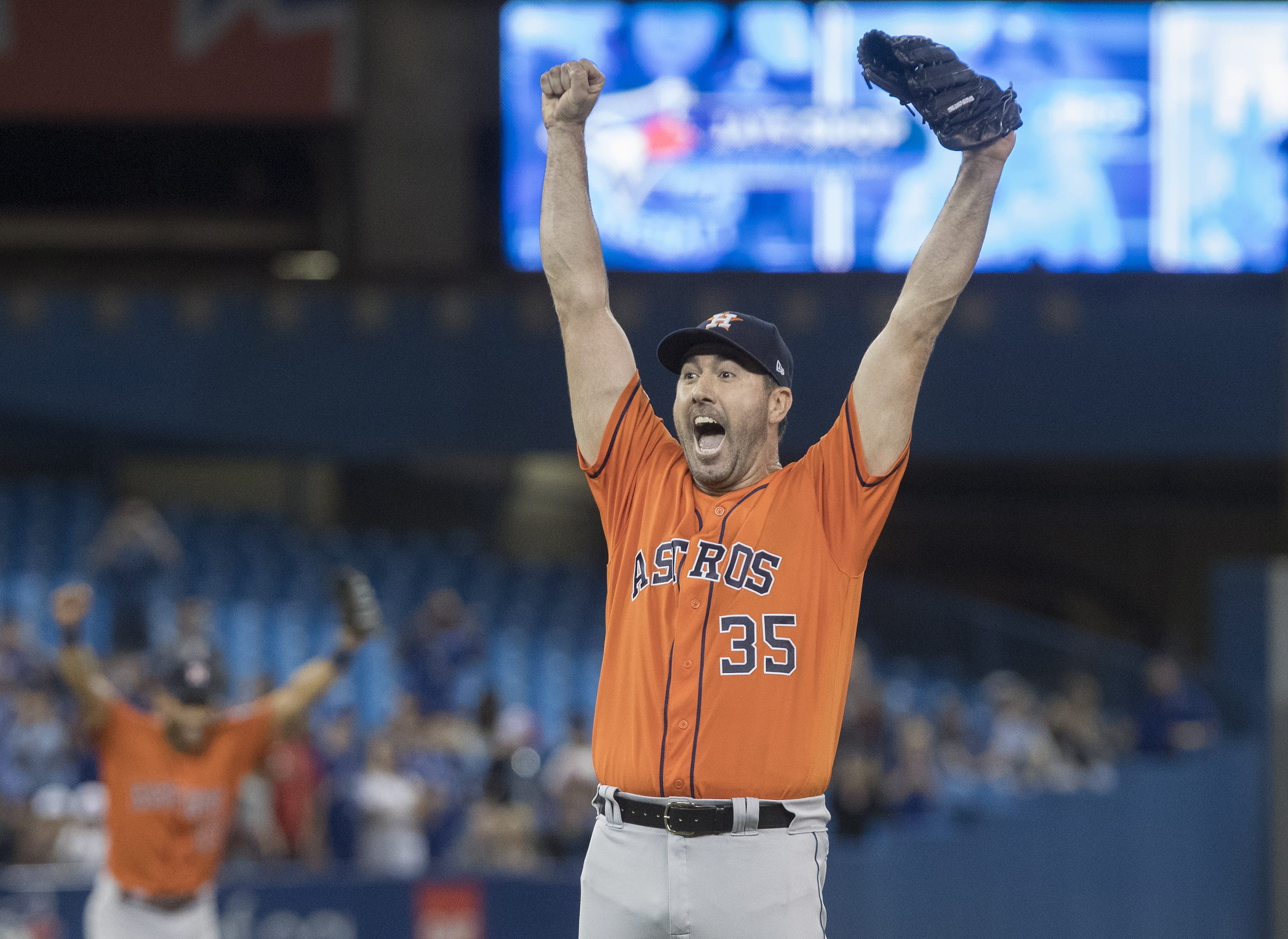 Houston Astros starter Justin Verlander reacts after pitching a no-hitter against the Toronto Blue Jays in a baseball game in Toronto, Sunday, Sept. 1, 2019.