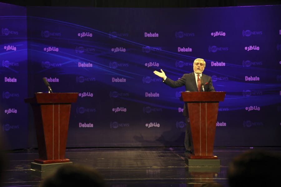 Afghanistan presidential candidate Abdullah Abdullah speaks during the first presidential election debate at the Ariana TV building, a private TV station, in Kabul, Afghanistan, Monday, Sept. 16, 2019. Afghan president Ashraf Ghani cancelled his first electoral debate with his main electoral rival, Abdullah Abdullah, the country&#039;s chief executive. Both men are partners in the national unity government.