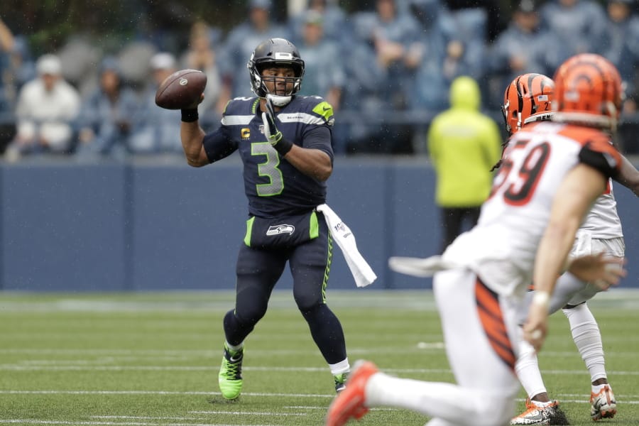 Seattle Seahawks quarterback Russell Wilson passes against the Cincinnati Bengals during the second half of an NFL football game Sunday, Sept. 8, 2019, in Seattle.