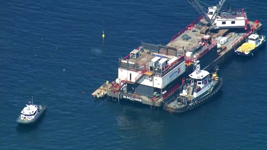 This photo from video provided by KABC-TV shows divers resuming their search for the final missing victim who perished in a boat fire off the Southern California coast Wednesday, Sept. 11, 2019. The victim is one of 34 who died at sea last week near Santa Cruz Island when the dive boat Conception burned and sank on Sept. 2. Santa Barbara County Sheriff’s Lt. Erik Raney says salvage efforts to recover the Conception also resumed Wednesday.