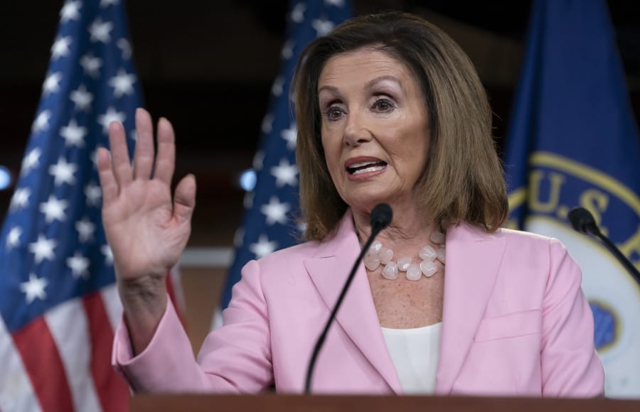 Speaker of the House Nancy Pelosi, D-Calif., meets with reporters just after the House Judiciary Committee approved guidelines for impeachment hearings on President Donald Trump, at the Capitol in Washington, Thursday, Sept. 12, 2019. (AP Photo/J.
