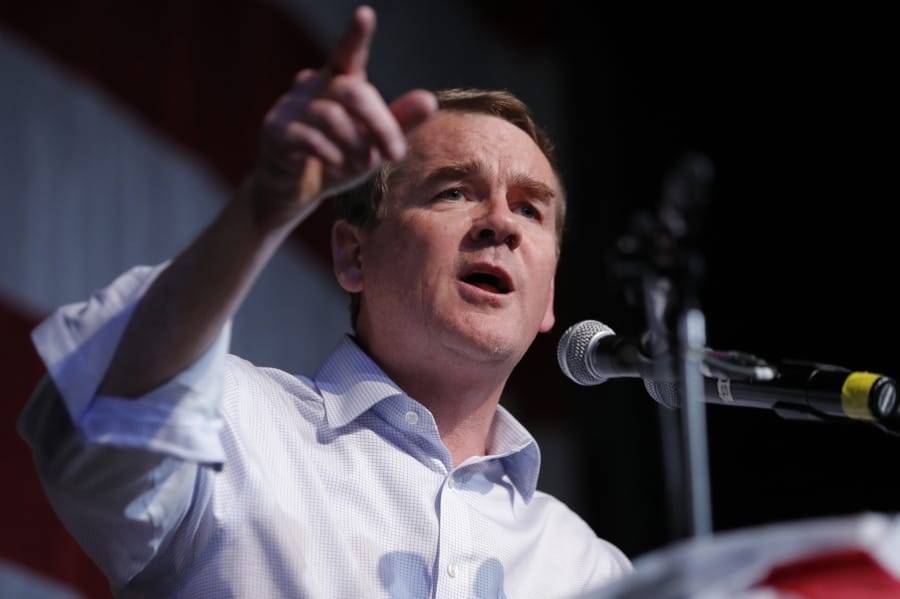 FILE - In this Aug. 9, 2019 file photo, Democratic presidential candidate Sen. Michael Bennet, D-Colo., speaks at the Iowa Democratic Wing Ding at the Surf Ballroom, in Clear Lake, Iowa. Bennet will be endorsed by former Colorado Sen. Gary Hart on Saturday at the New Hampshire Democratic party’s convention.