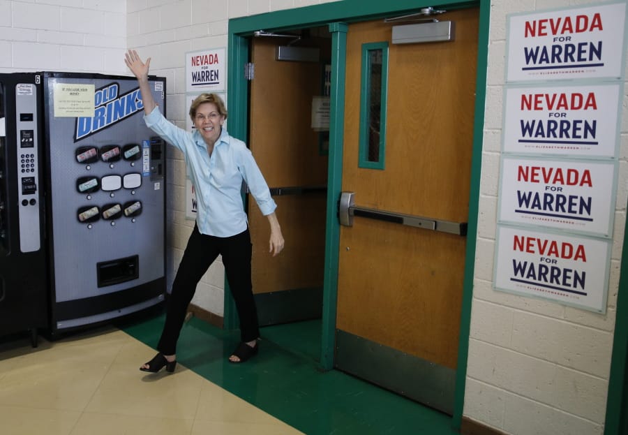 FILE - In this Aug. 2, 2019 file photo, Democratic presidential candidate Sen. Elizabeth Warren, D-Mass., arrives at a campaign event in Henderson, Nev.