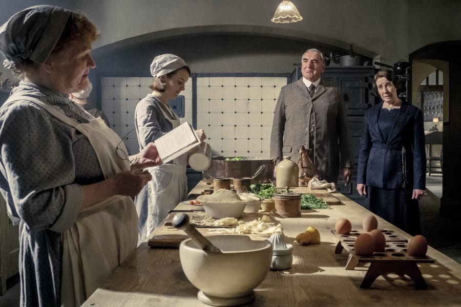 Lesley Nicol as Mrs. Patmore, from left, Sophie McShera as Daisy, Jim Carter as Mr. Carson and Phyllis Logas as Mrs.