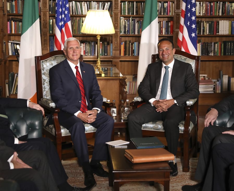 US Vice President Mike Pence meets with Irish Prime Minister Minister Leo Varadkar at Farmleigh House, Dublin, Ireland, Tuesday, Sept. 3, 2019. The Vice President is currently in Ireland for a two day visit.