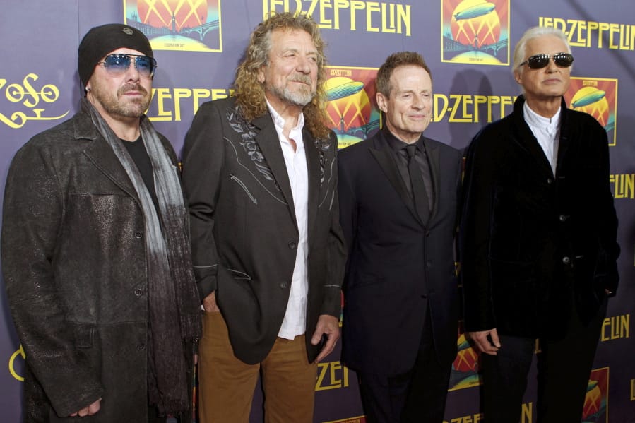 From left, Jason Bonham, son of the late Led Zeppelin drummer John Bonham; singer Robert Plant; bassist John Paul Jones; and guitarist Jimmy Page at the &quot;Led Zeppelin: Celebration Day&quot; premiere Oct. 9, 2012 in New York.