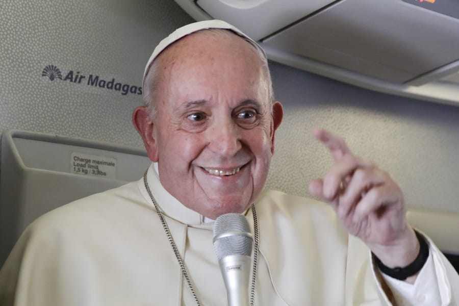Pope Francis addresses journalists during his flight from Antamanarivo to Rome, Tuesday, Sept. 10, 2019, after his seven-day pastoral trip to Mozambique, Madagascar, and Mauritius.