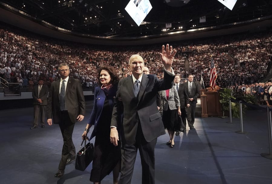 Russell M. Nelson, president of The Church of Jesus Christ of Latter-day Saints,  and his wife Sister Wendy Nelson wave to students after a devotional at Brigham Young University in Provo, Utah, Tuesday, Sept. 17, 2019. Nelson reaffirmed Tuesday the religion&#039;s opposition to gay marriage by explaining that he and fellow leaders have a duty to teach God&#039;s law that says marriage is restricted to man-woman unions.  (Jeffrey D.