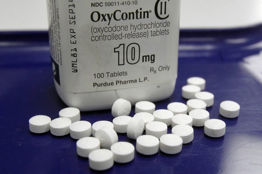 FILE - This Feb. 19, 2013, file photo shows OxyContin pills arranged for a photo at a pharmacy in Montpelier, Vt.  Purdue Pharma, the company which makes OxyContin and other drugs, filed court papers in New York on Sunday, Sept. 15, 2019, seeking Chapter 11 bankruptcy protection.