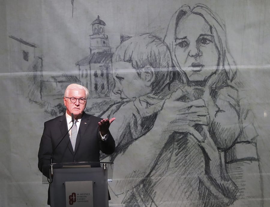 German President Frank-Walter Steinmeier speaks at the commemoration ceremony of the 80th anniversary of the start of World War II, in Wielun, Poland, Sunday, Sept. 1, 2019.
