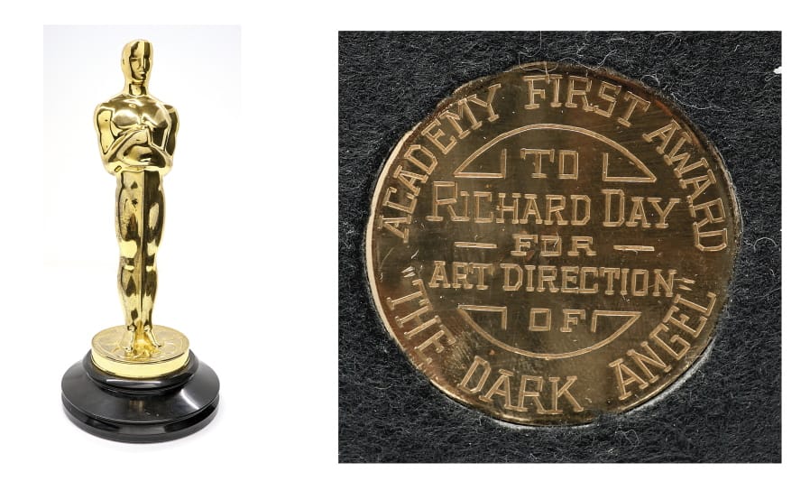 This combination of photos released by Grant Zahajko Auctions shows a 1936 Academy Award, left, and a view of its inscription given to art director Richard Day for his work on the film &quot;Dark Angel.&quot; It&#039;s expected to go for between $70,000 and $100,000.
