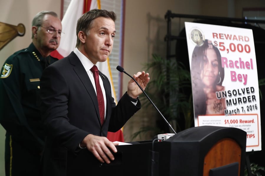 REMOVES AGE REFERENCE - Dave Aronberg, state attorney for Palm Beach County, Fla., speaks during a news conference on Monday, Sept. 16, 2019, in West Palm Beach, Fla. Palm Beach County Sheriff&#039;s officials said they arrested Robert Hayes for first degree murder in Rachel Bey&#039;s death.