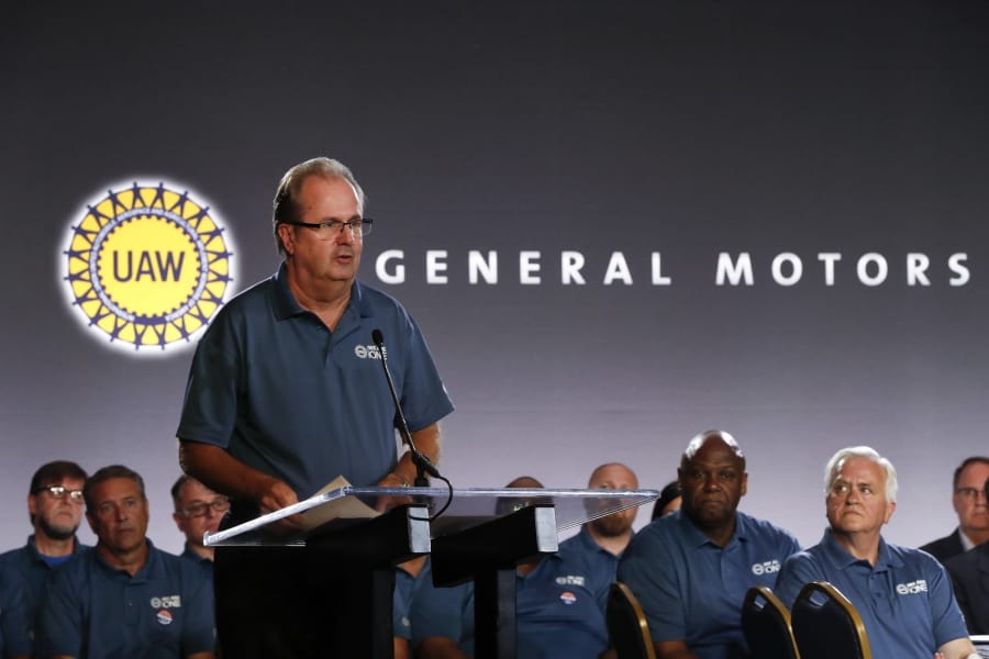 FILE - In this July 16, 2019, file photo United Auto Workers President Gary Jones speaks during the opening of their contract talks with General Motors in Detroit. A strike against General Motors looms large with just over a day left until the United Auto Workers&#039; national contracts with the three Detroit automakers expire. The union&#039;s national agreements with GM, Ford and Fiat Chrysler end at 11:59 p.m. Saturday, Sept. 14.