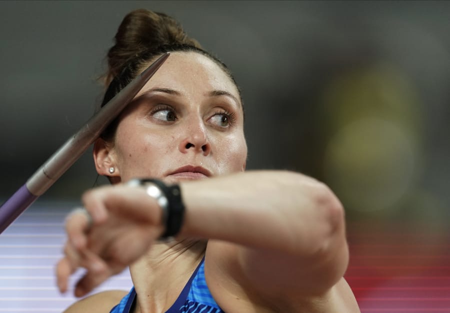 Kara Winger, of the United States, competes in the women&#039;s javelin throw at the World Athletics Championships in Doha, Qatar, Monday, Sept. 30, 2019. (AP Photo/David J.