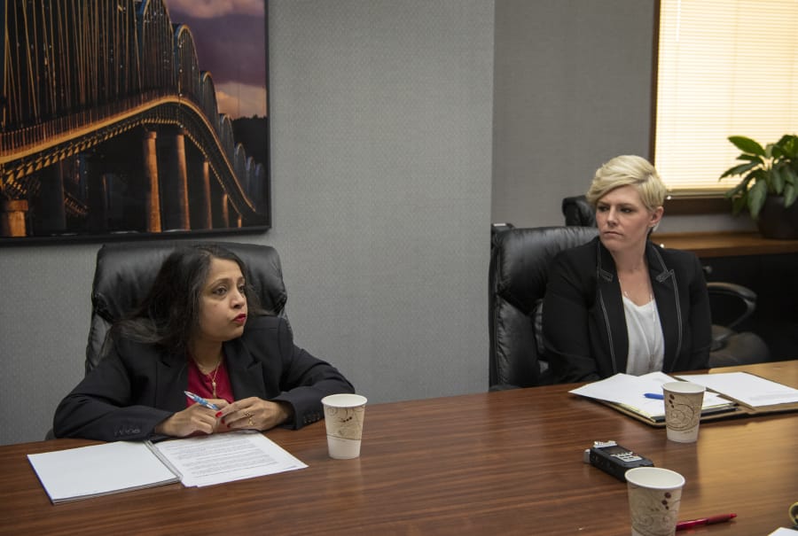 Evergreen School Board District 4 candidate Divya Jain, left, and incumbent Rachael Rogers, right, met with The Columbian's Editorial Board in Vancouver on Tuesday morning. Rogers was appointed to fill the seat in February to replace Todd Yuzuriha.