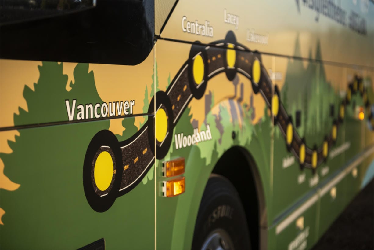 Vancouver was the first stop on the Association of Washington Businesses&#039; bus tour of Washington State in celebration of Manufacturing Week. The tour route is depicted on the side of the bus during a visit SEH America in Vancouver on Wednesday.