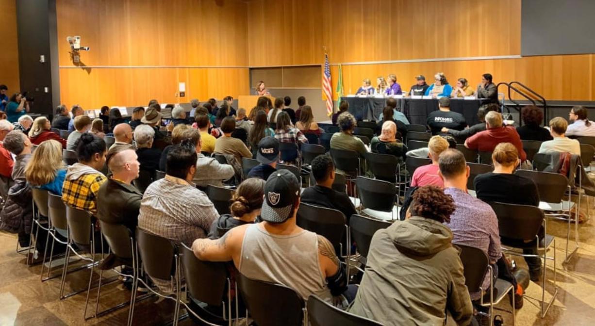 Community members crowded the Vancouver Community Library in downtown Thursday night to hear a panel on the Drag Queen Story Hour program. The popular program has drawn some controversy from critics who say the subject matter is inappropriate for young children.